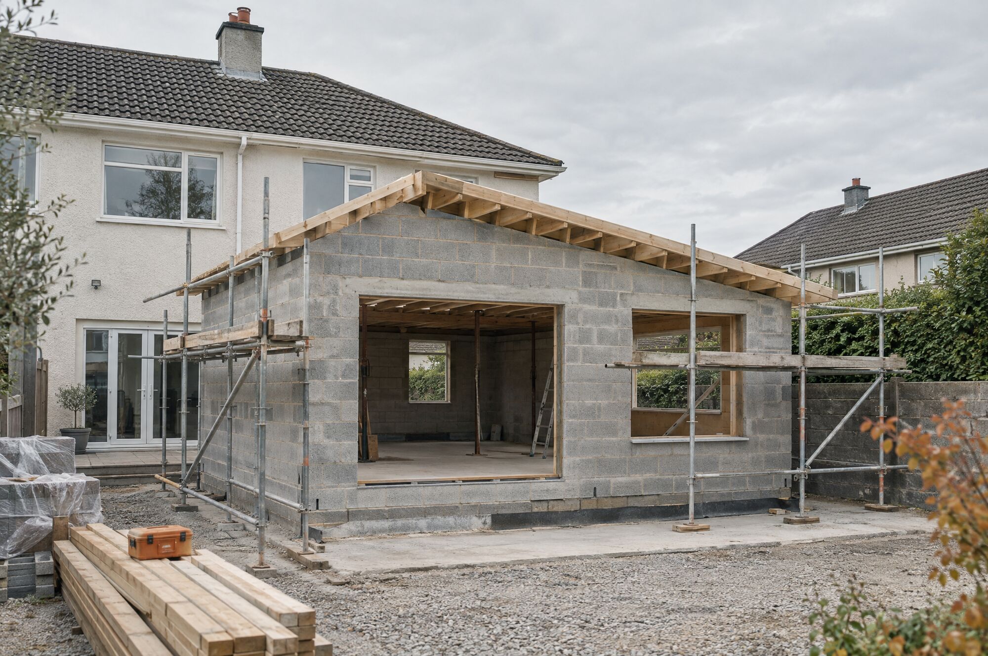 A single-storey rear extension under construction on a suburban Irish house