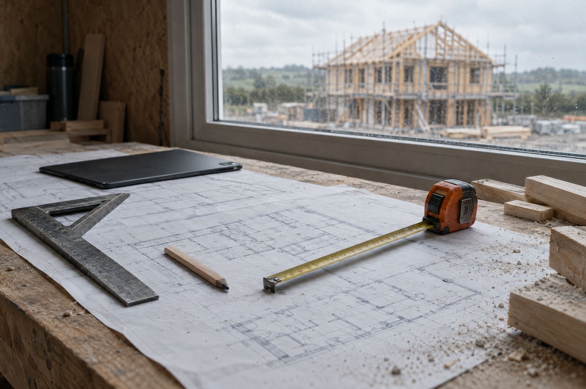 Architectural plans on a timber workbench with an orange tape measure, a carpenter's square and a pencil