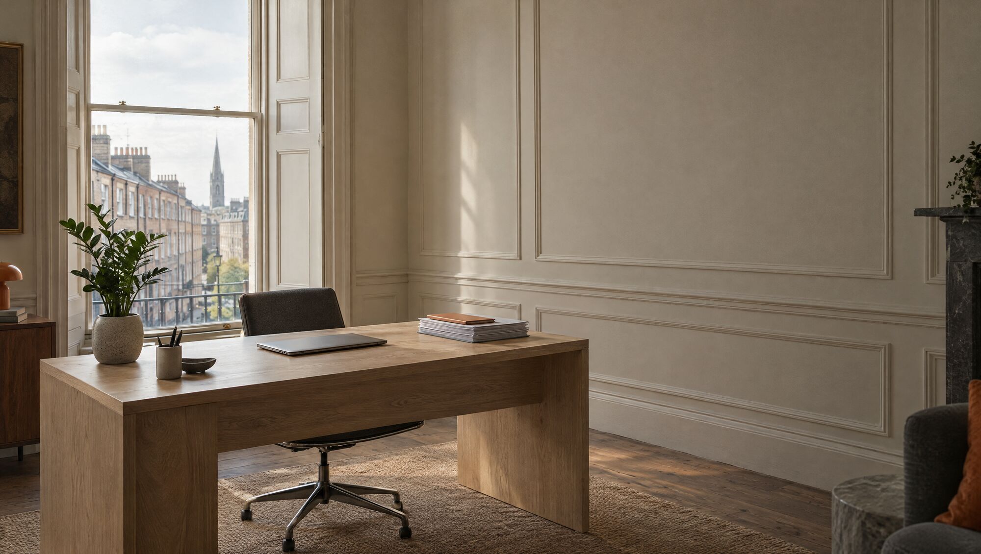 A calm office above a shop on a Georgian street in Dublin