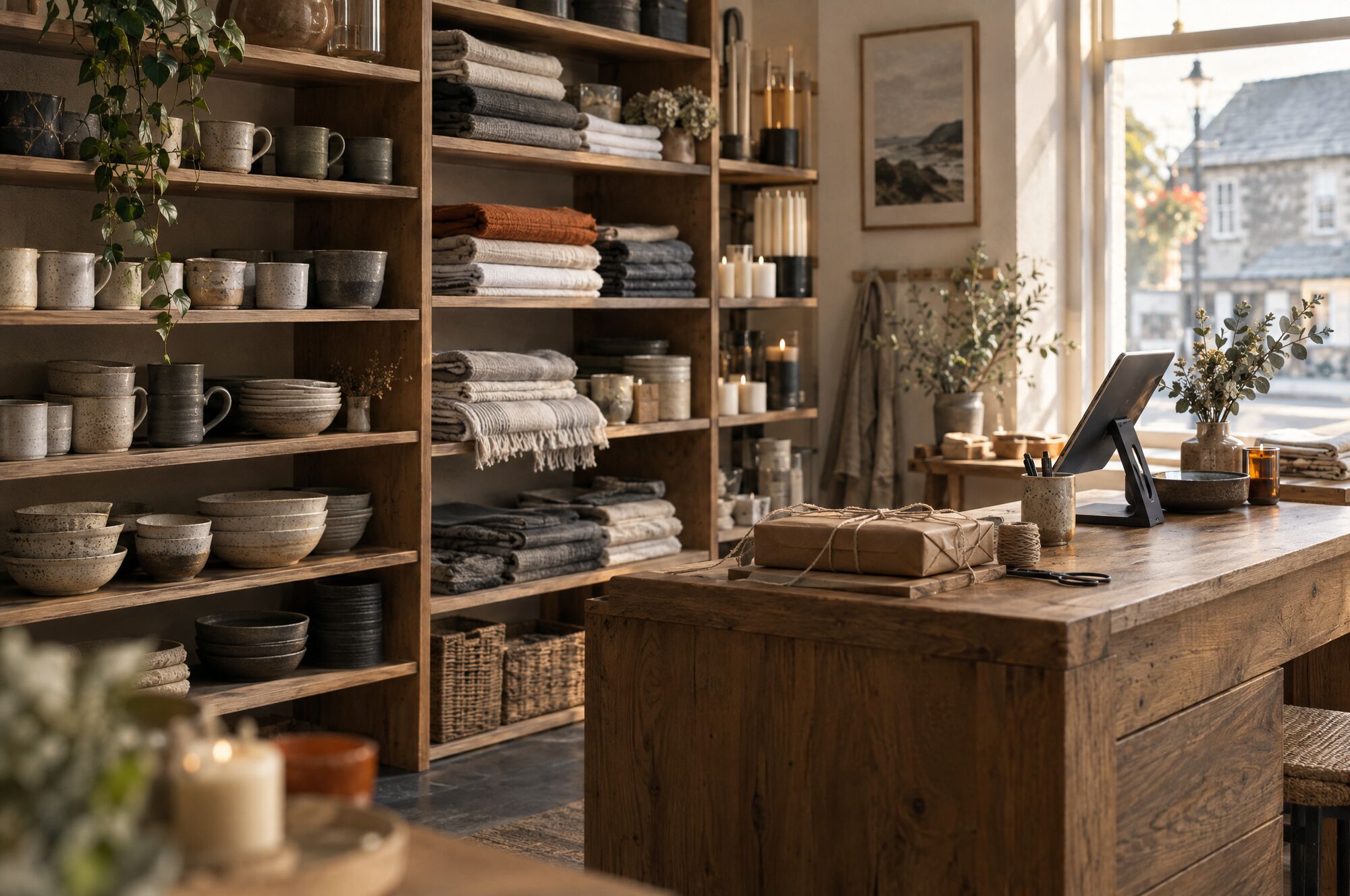 An independent homeware shop with stoneware on shelves and a tablet at the till