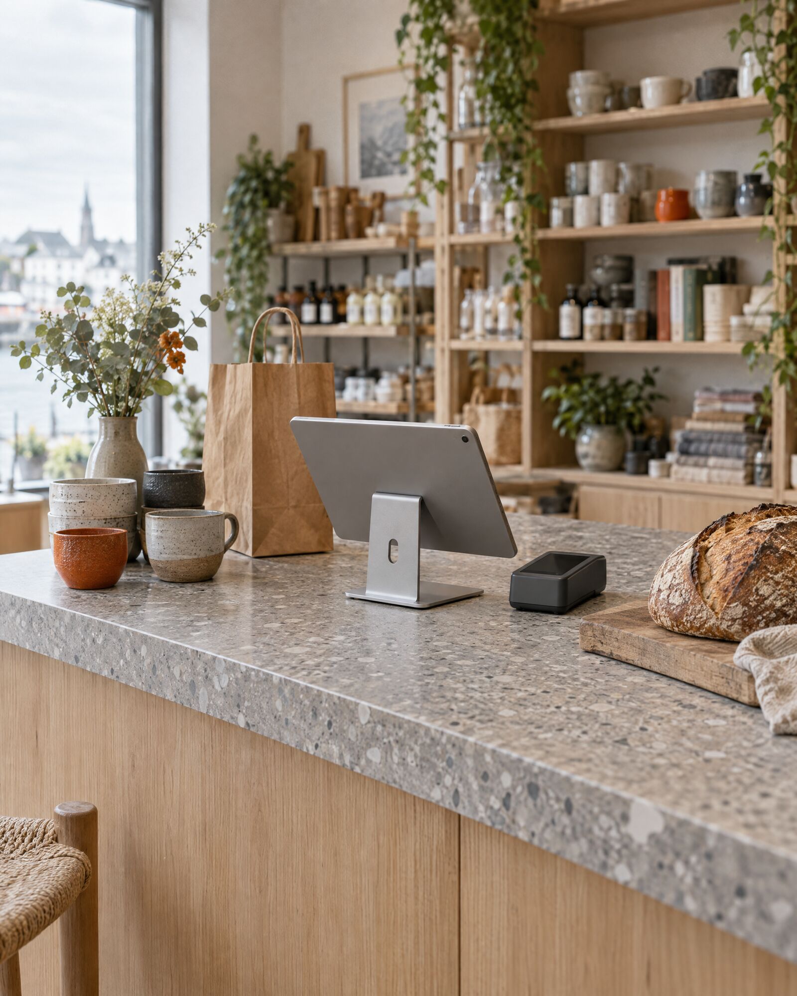 An oak and terrazzo café counter with a tablet on a stand, a card terminal and a sourdough loaf