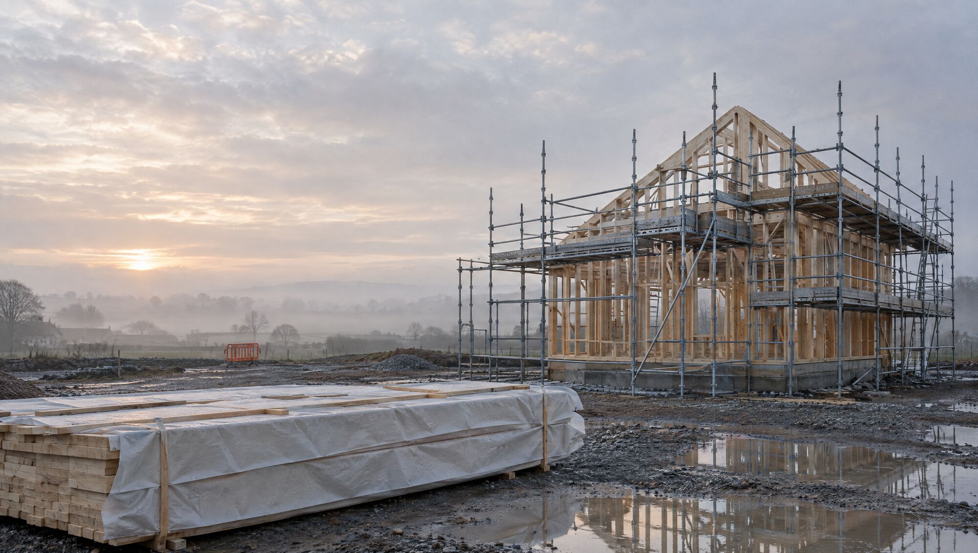 Scaffolding and a new timber frame at dawn on a small building site
