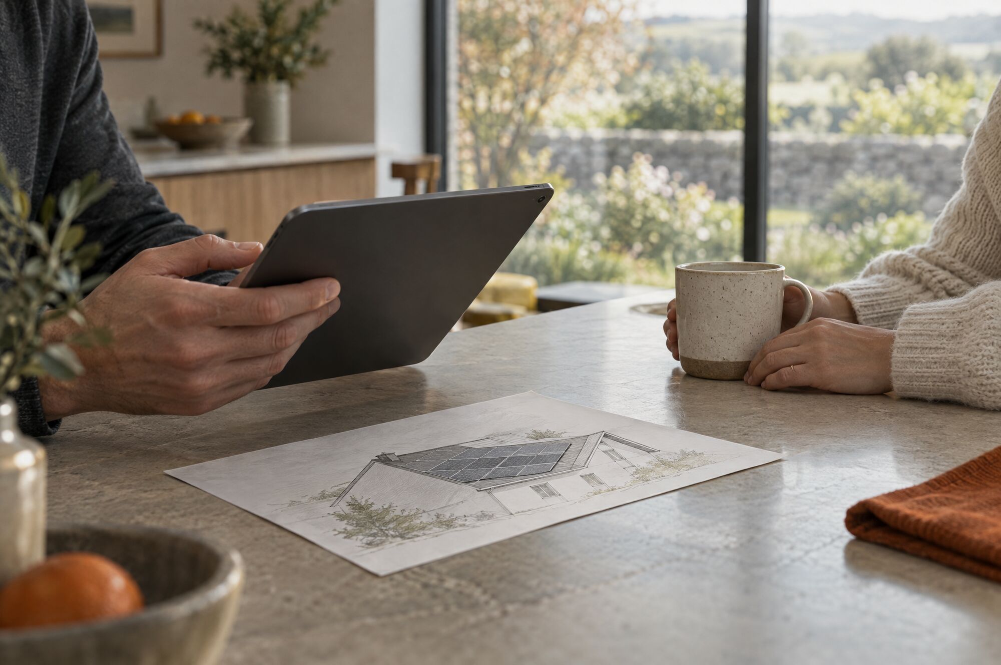 An installer and a homeowner at a kitchen island with a tablet and a roof sketch