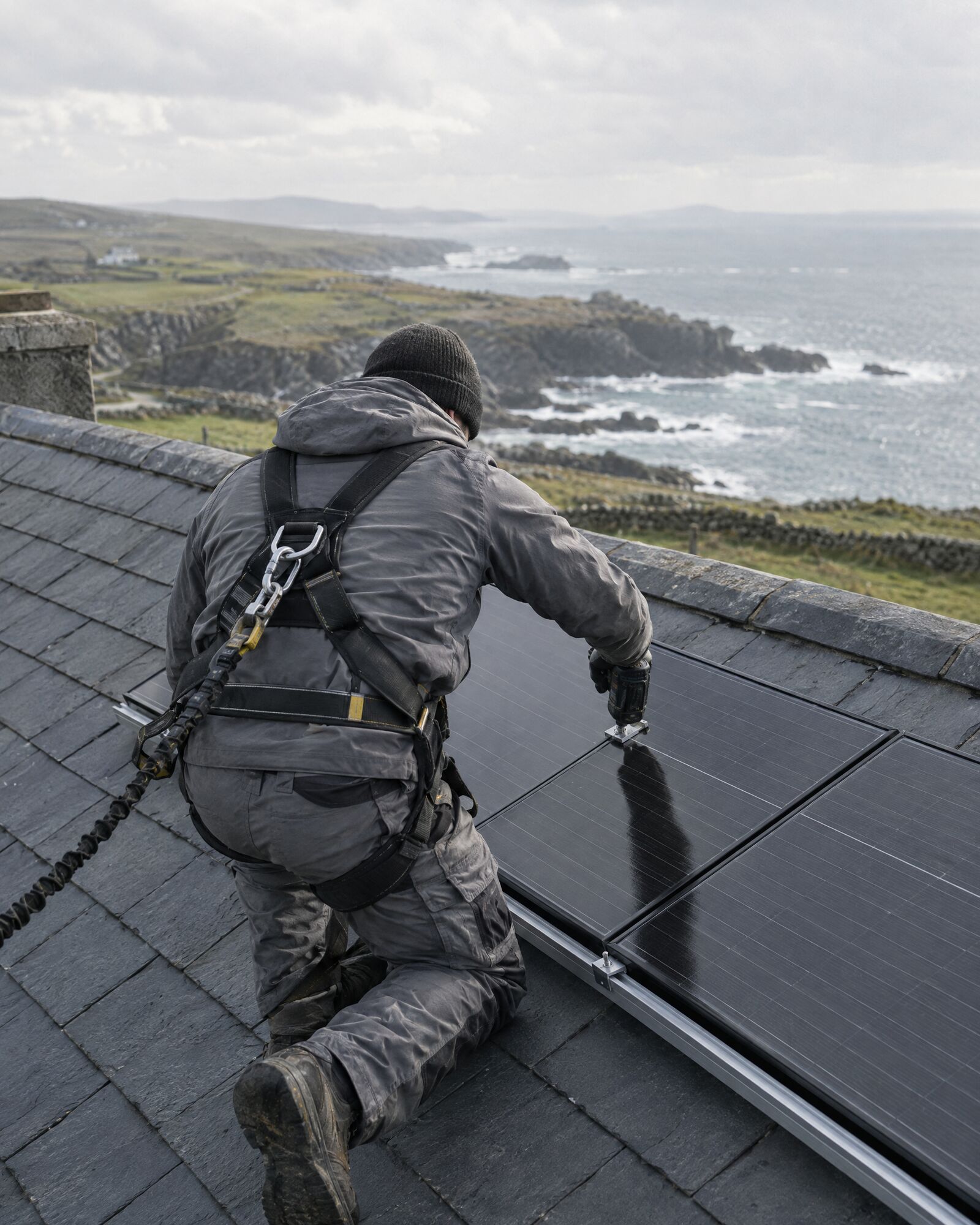 A solar installer working on a slate roof above the coast