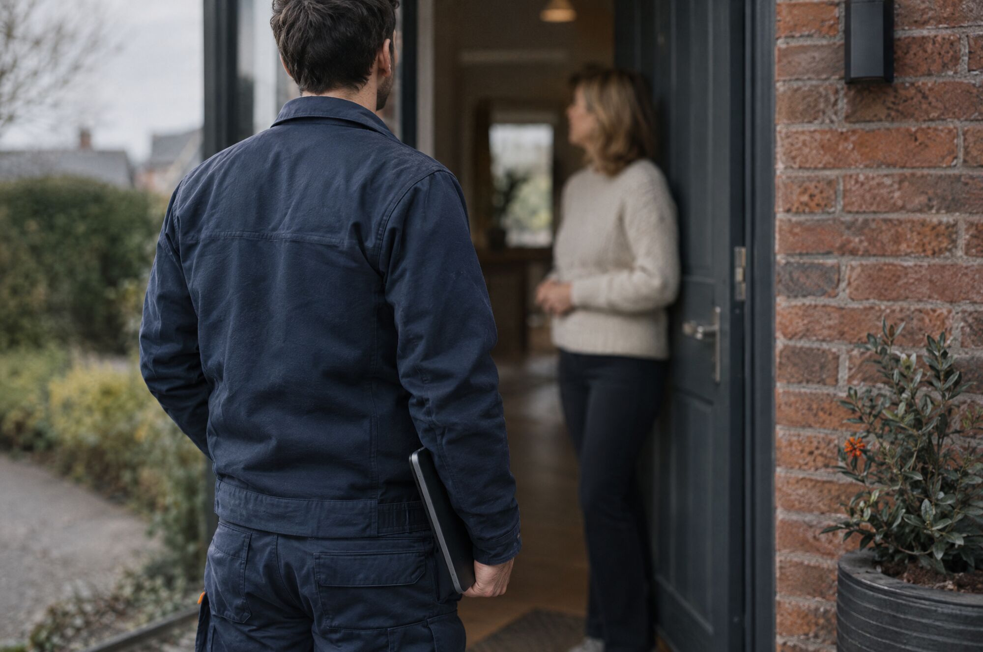 A tradesperson in navy workwear at a front door speaking with the homeowner