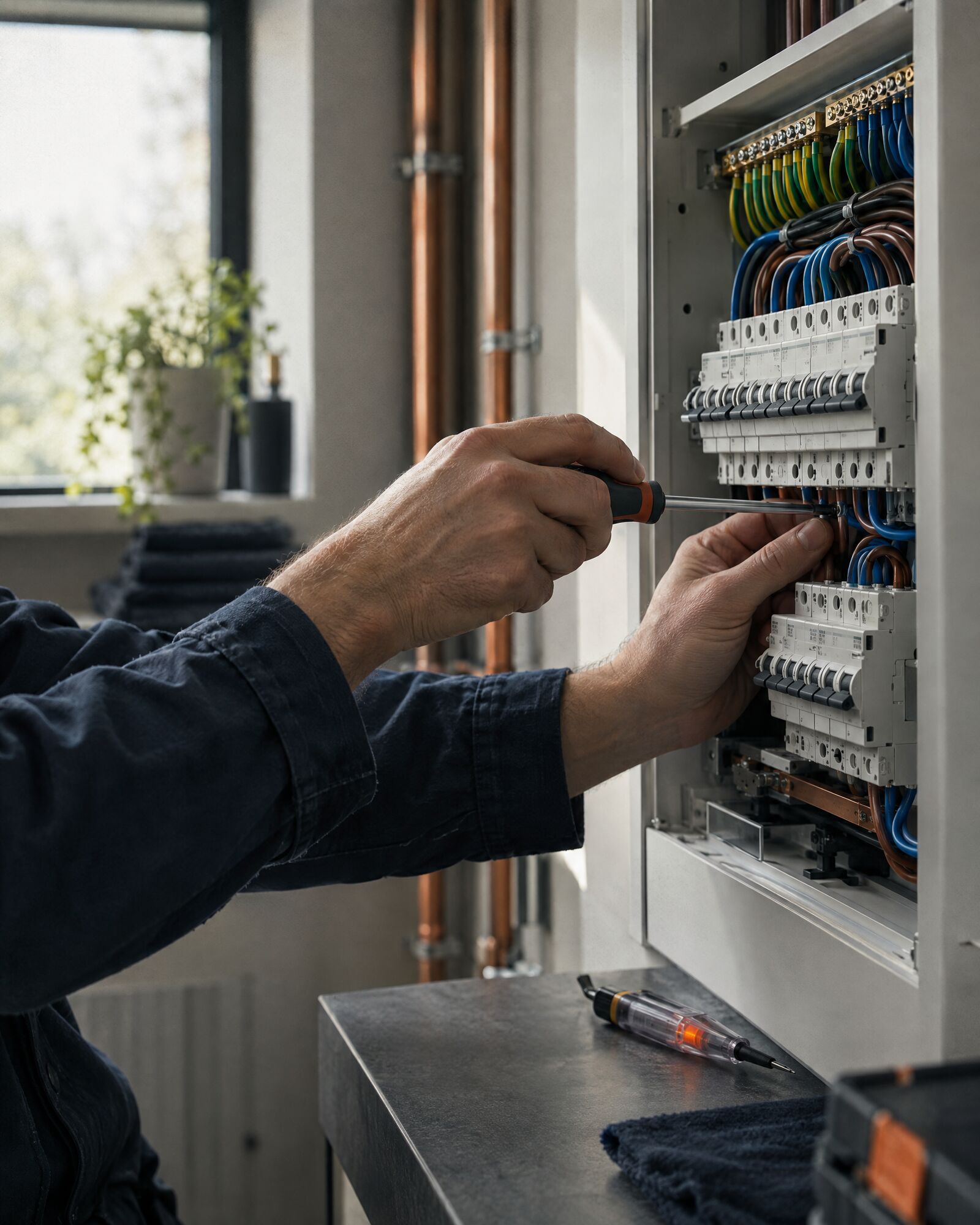 An electrician working on a consumer unit