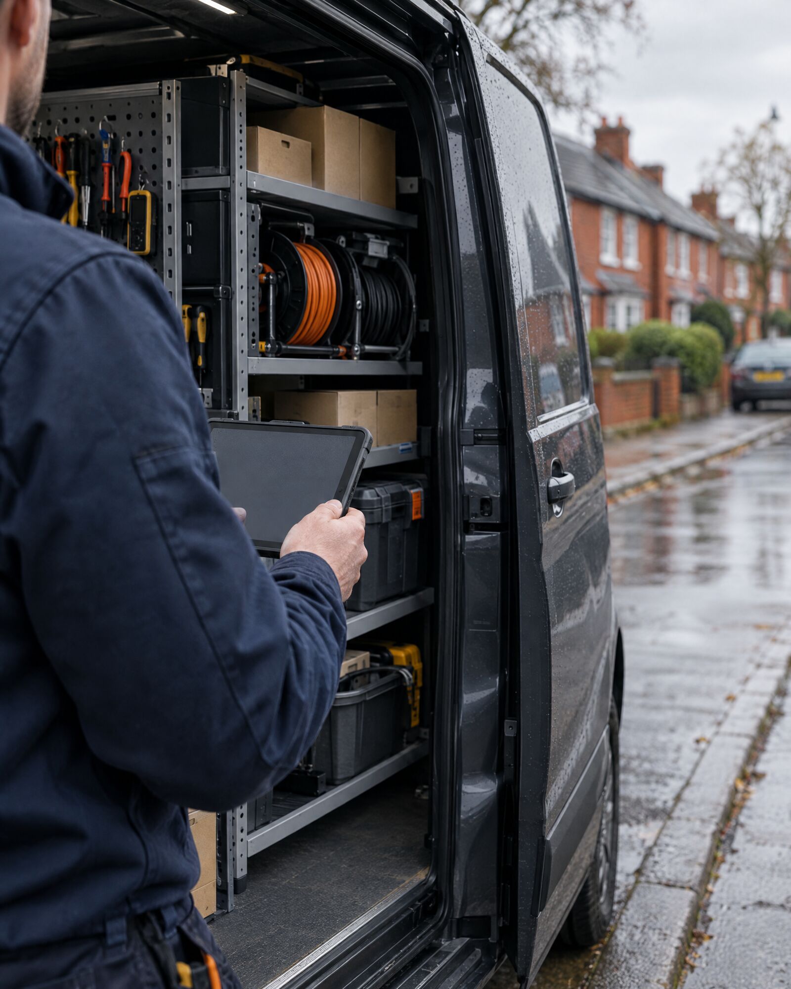 An electrician at the open side door of a van, holding a tablet, on a wet suburban street